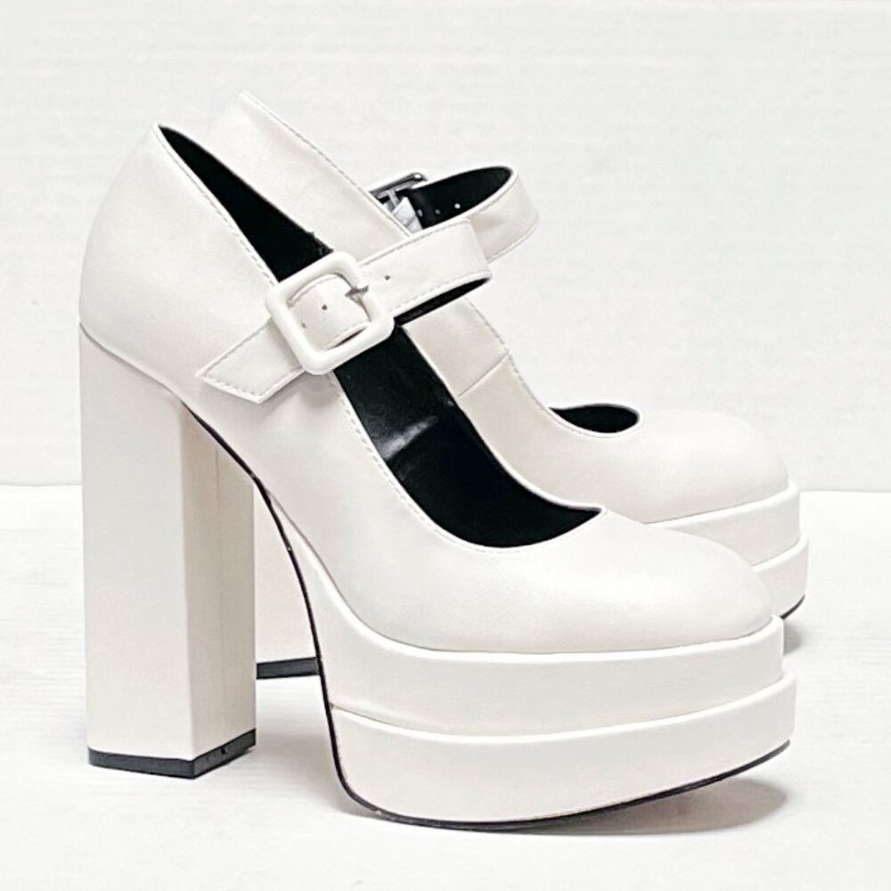 New White Mary Jane Platform Chunky Heel Pumps